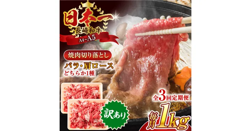 【ふるさと納税】【全3回定期便】【訳あり】【A4〜A5】長崎和牛焼肉切り落とし(肩ロース・バラ）　1kg（500g×2p）【株式会社 MEAT PLUS】[QBS042]