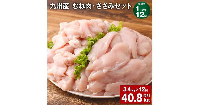 【ふるさと納税】【定期便】【1ヶ月毎12回】九州産 むね肉（600g×3袋）・ささみ（400g×4袋）セット 計40.8kg（3.4kg×12回） 鶏肉 お肉 ムネ肉 2種類 小分け 冷凍 詰め合わせ 九州産 国産 熊本県 菊池市 送料無料