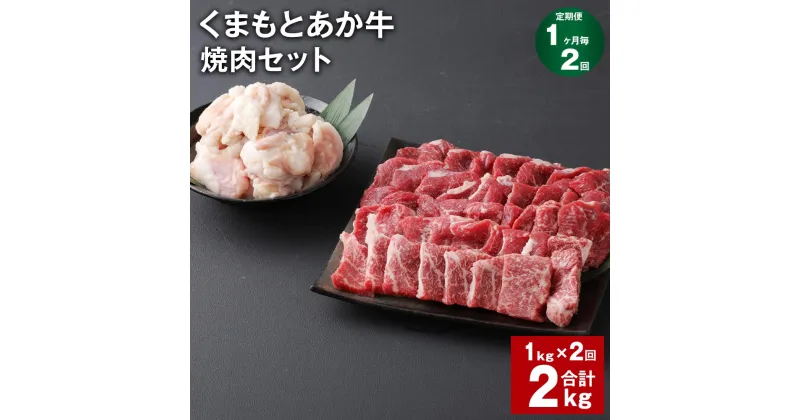 【ふるさと納税】【定期便】【1ヶ月毎2回】くまもとあか牛 焼肉セット 計2kg（1kg×2回） もも焼肉 700g ホルモン 300g 和牛 牛肉 お肉 あか牛 赤身 霜降り BBQ モモ肉 もつ モツ グルメ お取り寄せ 冷凍 熊本県産 国産 熊本県 上天草市 送料無料