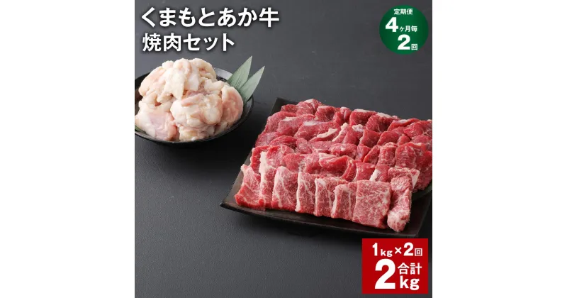 【ふるさと納税】【定期便】【4ヶ月毎2回】くまもとあか牛 焼肉セット 計2kg（1kg×2回） もも焼肉 700g ホルモン 300g 和牛 牛肉 お肉 あか牛 赤身 霜降り BBQ モモ肉 もつ モツ グルメ お取り寄せ 冷凍 熊本県産 国産 熊本県 上天草市 送料無料