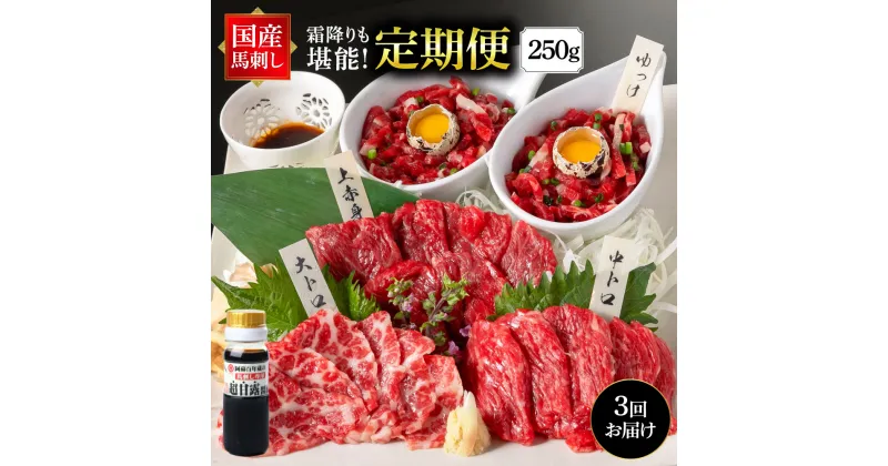 【ふるさと納税】＜定期便3ヵ月＞国産 熊本 馬刺し 4種 食べ比べセット 250g×3回 合計750g 専用醤油付き 赤身 大トロ 中トロ 霜降り ユッケ 馬肉ユッケ 馬刺し 馬肉 刺身 セット 詰め合わせ 冷凍 送料無料